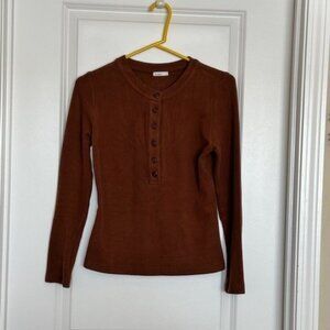 OCL soft brushed brown long-sleeved fitted top with buttons, size medium